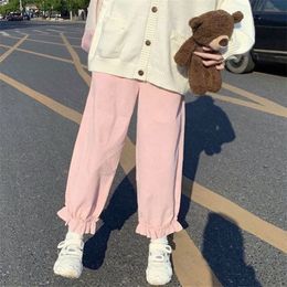 Womens Pants Capris Casual Pants Women Thickening Anklelength Ruffles Solid Corduroy Kawaii Japanese Style Loose Fashion Simple Students Females 221007