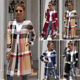 Women's Jackets Cheque Long Cardigan Women Autumn Plaid Fashion Unbuttoned Jacket Big Style Sweater Knitting Coat 221007