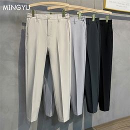 Mens Pants Spring Autumn Casual Suit Pant Slim Fit Work Elastic Waist Jogging Trousers Male Black Grey Plus Size 40 42 221007