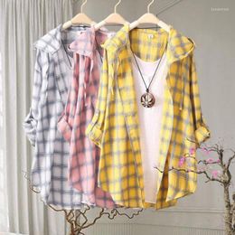 Women's Blouses Women's & Shirts Hooded Roll-up Sleeve Sun Protection Women Cardigan Summer Open Front Plaid Printed Sunscreen Shirt