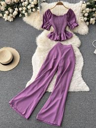 Women's Tracksuits Women Summer Off-the-shoulder Short Section Waist Lotus Leaf Hem Top Wide Leg Pants Korean Version Two-piece Set Female