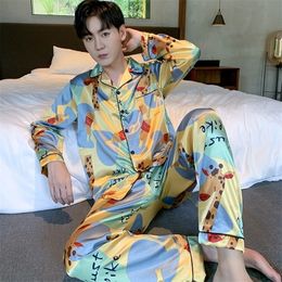 Men's Sleepwear Silk Pyjamas Set Autumn Elastic Waist Men pyjamas Long Sleeve Nightwear Print Pant Homewear 221007
