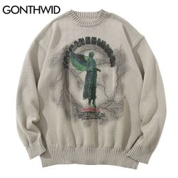 Mens Sweaters GONTHWID Knitted Sweaters Hip Hop Lightning 3D Angel Statue Print Pullover Sweater Streetwear Hip Hop Fashion Casual Loose Tops 221008