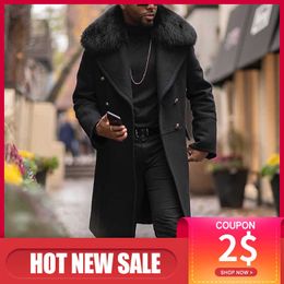 Men's Fur Faux Fur Winter Men Fur Long Woolen Coat Straight Lapel Button Pocket Solid Black Fashion Oversize 4XL Office Casual Warm Outwear Tops T221007