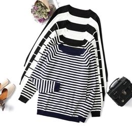 Women's Knits Tees 022 Autumn Winter Long Sleeve Striped Pullover Women Sweater Knitted White Sweaters Female ONeck Tops Korean Pull Femme Jumper 221007