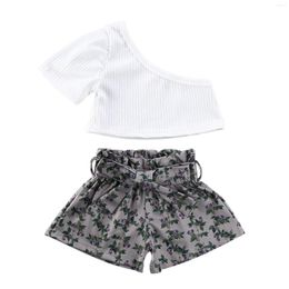 Clothing Sets Infant Kids Baby Girl 9M-5T 2Pcs Clothes One Shoulder Tops Shirt Leaves Floral Sash Shorts Outfits Summer