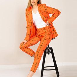 Women's Two Piece Pants Fashion Women's Plaid Printed Office Suit Set Casual Long Sleeve Double-Breasted Blazer Jacket And Pencil 2