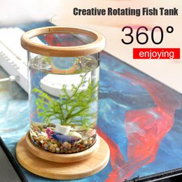 Aquariums 360 Degree Rotating Glass Betta Fish Tank Bamboo Base Mini Fish Tank Decoration Rotate Fish Bowl Aquarium Accessories 2201007