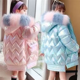 Down Coat Winter Shiny Jacket For Girls White Fur Hooded Long Teen Children Overcoat Cotton Parka 5 14Y 221007