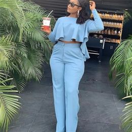 Women's Two Piece Pants Elegant Work Wear Two Piece Set Fall Clothes for Women Ruffles Crop Top and Wide Leg Pants Suits Matching Sets Sexy Club Outfits 221007
