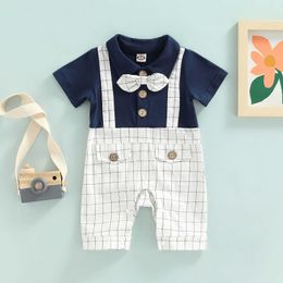 Rompers 018M Baby Boys Summer Romper Lapel Collar Short Sleeves BowBound Plaid Printed Cotton Patchwork Jumpsuit gentleman Outfit J220922