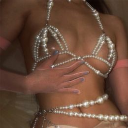 Other Stonefans Sexy Luxury Imitation Pearls Body Chain Harness for Women Summer Handmade Waist Chain Bikini Bra Underwear Jewellery 221008