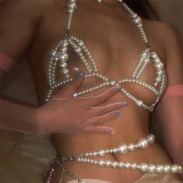 Other Stonefans Sexy Luxury Imitation Pearls Body Chain Harness for Women Summer Handmade Waist Chain Bikini Bra Underwear Jewelry 221008