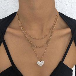 Chains Fashion Western Jewelry Multilayer Heart Pendant Choker Necklaces For Women Metal Rhinestone Gold Gifts Wholesale