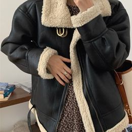 Women's Leather Faux Syiwidii Fur Coat Winter Jacket Lambswool Sheepskin Loose Warm Thicken Locomotive Female Black Chic Pu Outwear 221007