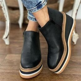 Boots 2022 Autumn Leather Wedge Heel Platform Ankle Womens Shoes Fashion Zipper Short High Heels Plus Size 43 221007