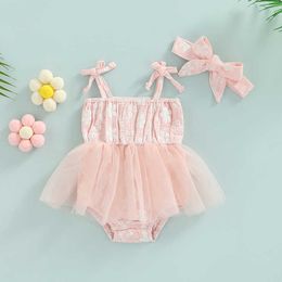 Rompers Toddler Baby Girl Summer Clothes Sleeveless Jumpsuit TieUp Floral Print Tulle Skirt Zoom Patchwork Romper Bow Headband J220922