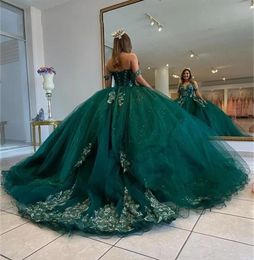 2022 Dark Green Dresses Ball Gown Sweetheart Off Shoulder Gold Lace Sequined Crystal Beads Corset Back Dress Sweet 16 Vestido De 15 Anos Quinceanera