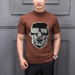 Men's T Shirts Brand Clothing Version Of Rhinestone Knitted Male Skull Semi High Short-Sleeved Sweater