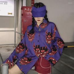 Women's Blouses Harajuku Shirt Women Emo Print Blouse Grunge Korean Style Button Up Ladies 2022 Anime Gothic Clothes Ulzzang