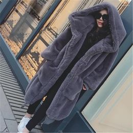 Women's Fur 2022 Womens Winter Faux Fluffy Teddy Jackets With Hood Thick Warm Long Female Coat Loose Luxury Jacket Outwear