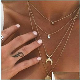 Pendant Necklaces Moon Disc Women Jewellery Necklace Mtilayer Plated Gold Lady Chain Fashion Personality Long Tag Pendant Necklaces 2 3 Dhqnh