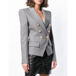 Women's Suits Blazers High Quality Grey Women's Blazer Jacket Office Lady Gold Double Breasted Buckle Slim Runway Outwear Coat Blazer Women Autumn 221008