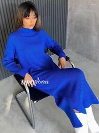 Casual Dresses Women's Blue Knit Sweater Dress 2022 Autumn Stand Collar Long Sleeve Loose Midi Party Vestidos