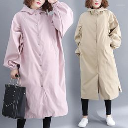 Women's Trench Coats Autumn Diagonal Pocket Windbreaker Jacket Women Single-breasted High Collar Hooded Lantern Sleeve Mid-length Cardigan