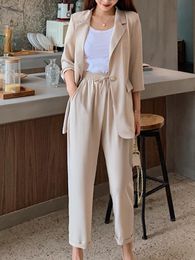 Women's Suits Blazers Women's Spring Summer Casual Office Suit Solid Color Blazer Pantsuits Button Jacket And Straight Pant 2 Piece Set Female Outfits 221008