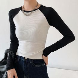 Women's T Shirts Cotton Long-sleeved T-shirt Women Ribbed Tight-fitting Long Sleeve Top Contrast Colour Stitching Short Tops Bottoming Shirt