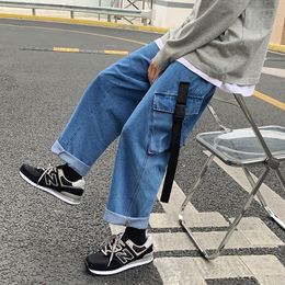 Men's Jeans Casual Baggy Denim Trousers High Street Hip Hop Pure Colour Jeans Elastic Waist Both Side Pockets Long Ribbons Cargo Pants 221008