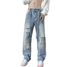 Jeans da uomo con fori strappati da uomo con nastro largo e alla moda in denim con gamba larga pantaloni casual retrò blu hip-hop pantaloni coreani 221008