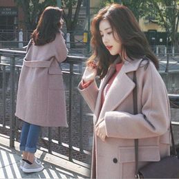 Women's Wool Autumn And Winter Korean Version Lapel Loose With Velvety Thickening Double Row Buckle Long Pocket Slim Woollen Coat Wome