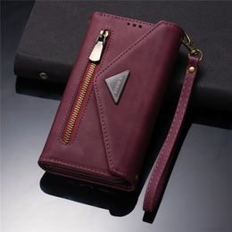 Zipper Wallet Phone Cases for iPhone 14 13 12 11 Pro Max XR XS X 7 8 Plus - 3 Folds Skin Feeling PU Leather Flip Kickstand Cover Case with Coin Purse and Hand Strap