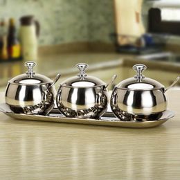 Storage Bottles Kitchen Stainless Steel Seasoning Bottle Spice Jar Sugar Salt Tank Set Of 3 Lids Holder Oil Vinegar Container Pots Tins