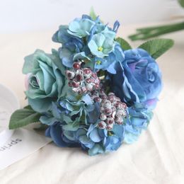 Decorative Flowers Fake Flower Blue Wedding Bouquet Bridal Marriage Silk Roses Hydrangea Bridesmaids Decoration Accessories