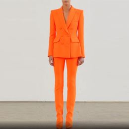 Women's Suits Blazers Blazer Pantsuits Sets Fluorescent Orange Autumn Fashion Double Breasted Button Office Trousers Wear Two Piece Suit 221008