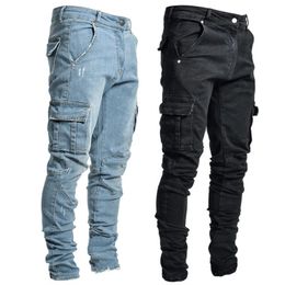 Men's Jeans Side Pocket Cargo Stretch Jeans Men Pencil Pants Casual Cotton Ripped Jeans Distressed Hole Fashion Solid Skinny Denim Pants 221008