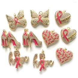 Charms 10pcs Micro Pave Pink Ribbon Butterfly Heart High Heel Hope Bundle Breast Cancer Awareness Pendant For Jewelry Making