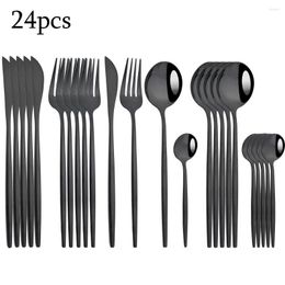 Flatware Sets Zoseil 24Pcs Black Dinnerware Set Stainless Steel Cutlery Knives Forks Tea Spoons Kitchen Dinner Tableware