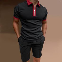 Men's Tracksuits Men's Tracksuit Solid Color Short Sleeve Zipper Polo Shirt&Shorts Set For Men Casual Streetwear 2 Piece Suit Summer