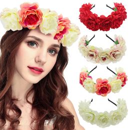 Decorative Flowers Flower Princess Headband Women Bride Rose Headdresses Floral Garland Crown Beach Hair Band Wedding Accessories