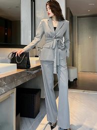 Women's Two Piece Pants Fall Suit For Women 2022 Casual OL Professional Korean Style Grey Woven Belt Blazers Female Long Trousers Sets