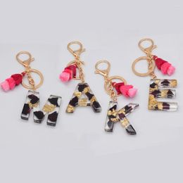 Keychains A-Z 26 Letters Black Rose Petal Gold Foil Key Rings With Tassel Creative Dried Flower Initial Letter Keychain Handbag Ornaments