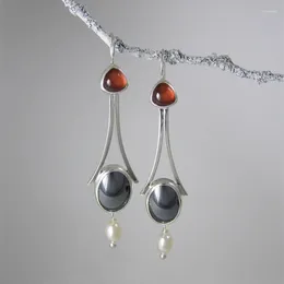 Dangle Earrings Vintage Drop Metal Inlay Black Red Stone Hanging Faux Pearl Women's Hook