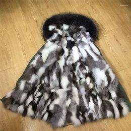 Women's Fur Italy Brand Winter Warm Dark Grey Raccoon Hooded Parka Black White Real Inside Long Jacket For