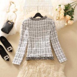 Women's Jackets Vintage Women Woollen Cropped Tweed Coat O-neck Slim Black White Plaid Short Jackets Korean Wool Blends Outwear Tops Chaquetas T221220