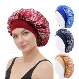 Paisely Pattern Satin Bonnet Elastic Night Sleep Hat Hair Protection Care Wide Band Headcover Hairdressing Bonnet Chemo Cap