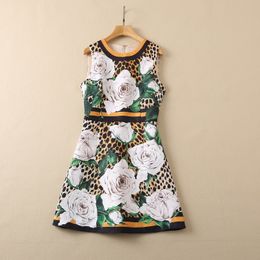 2022 Autumn Round Neck Panelled Leopard Rose Dress Multicolor Floral Print Sleeveless Short Casual Dresses S2O080114